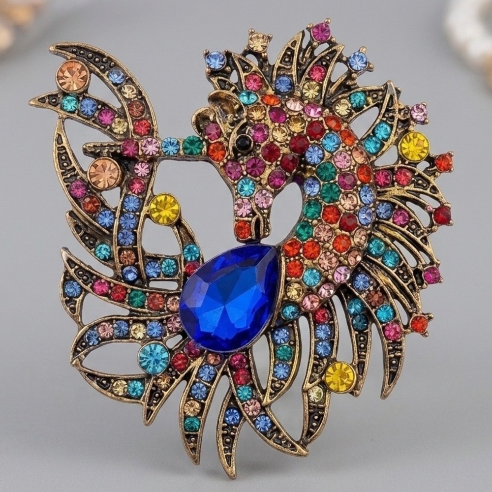 Seahorse Brooch Antique‎ Gold Tone Multi Color Rhinestone Blue Crystal Pin